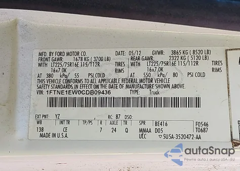 2012 Ford Econoline Commercial из США, поврежденный, VIN 1FTNE1EW0CDB09436